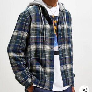 UO Green Checked Waffle Long-Sleeve Textured Hooded Shirt Jacket Small